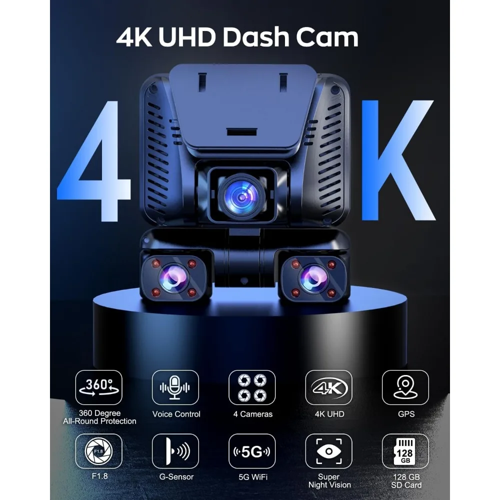 كاميرا داش 4K 360 °   عرض، كاميرا داش أمامية وخلفية ذات 4 قنوات للسيارات، نظام تحديد المواقع المدمج في 5 جيجا هرتز واي فاي، تحكم صوتي، بطاقة 128 جيجا مجانية، ليلية