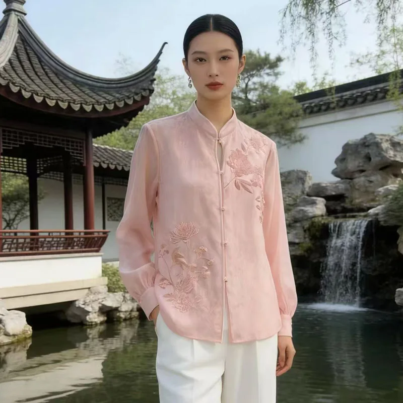 

Women Blouse Spring Summer Embroidery Top New Chinese Style Women's Flowers Loose Black Pink Top S-XXL
