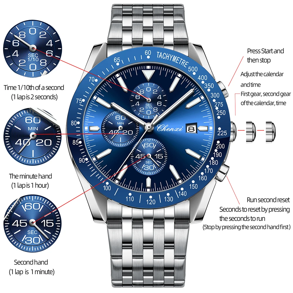 CHENXI Fashion Quartz Men's Watch Multi-functional Outdoor Sports Stopwatch Luminous Stainless Steel Band Business Men Watches