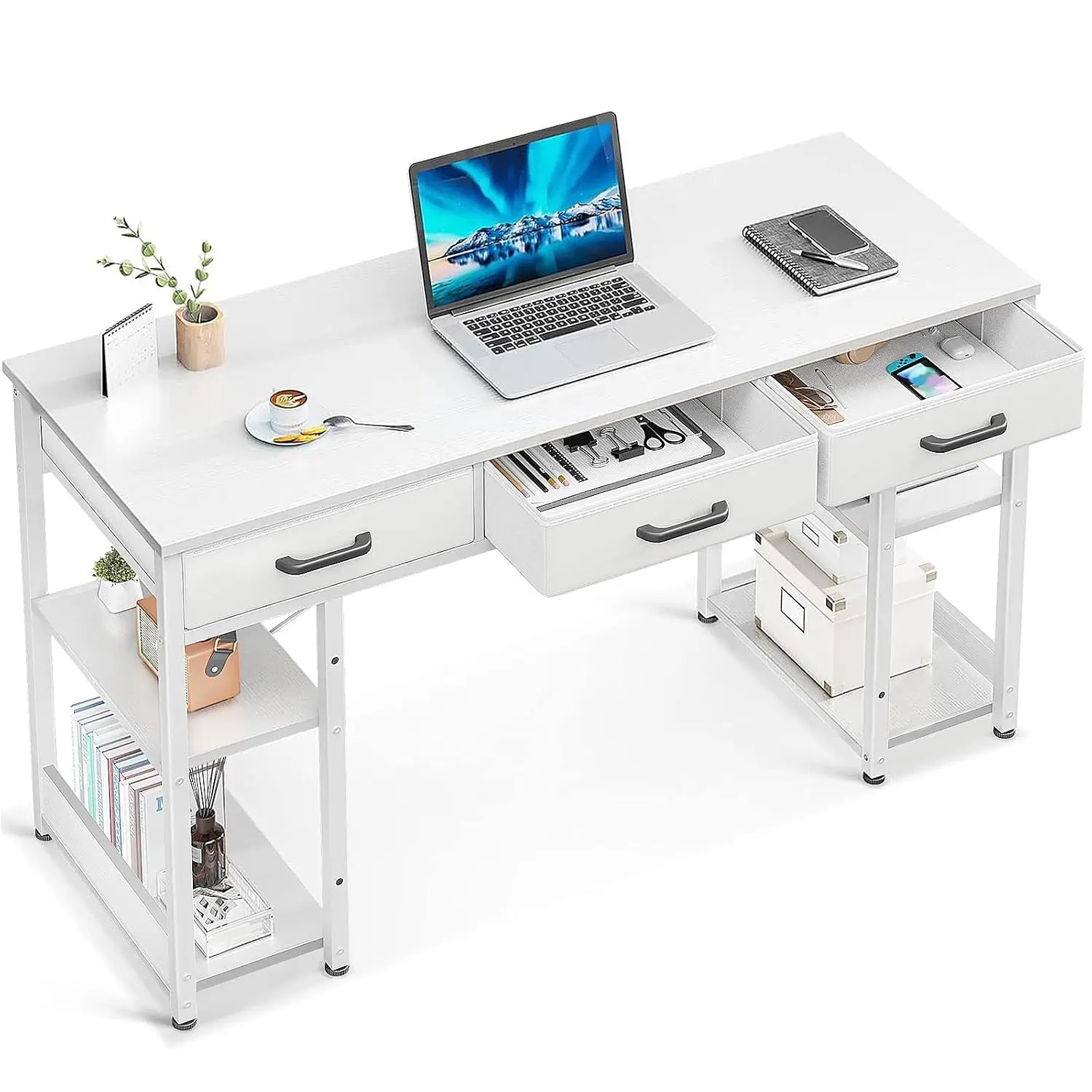 Small Computer Desk with Fabric Drawers & Storage Shelves, Modern Writing Table for Home Office, 48
