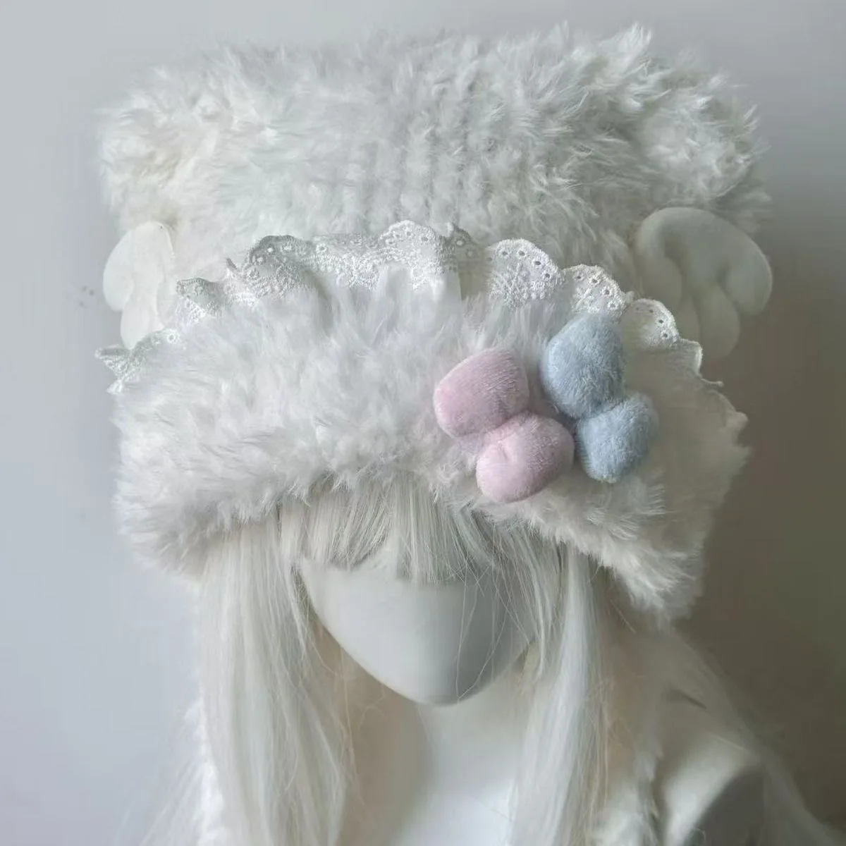 Women Handmade Blue and Pink Fuzzy Cat Ears Hat Lace Candy Bow Hat Y2K Warming Wings Earmuffs KC Girl Heart Versatile Fluffy Hat