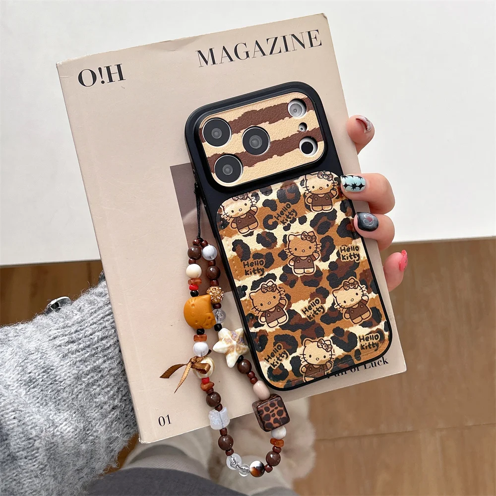 

Stylish Leather Leopard Cute Hellokitty Phone case for iPhone 16 Pro 14 15 17 Pro Max Cases With Chain Cartoon Shockproof Cover