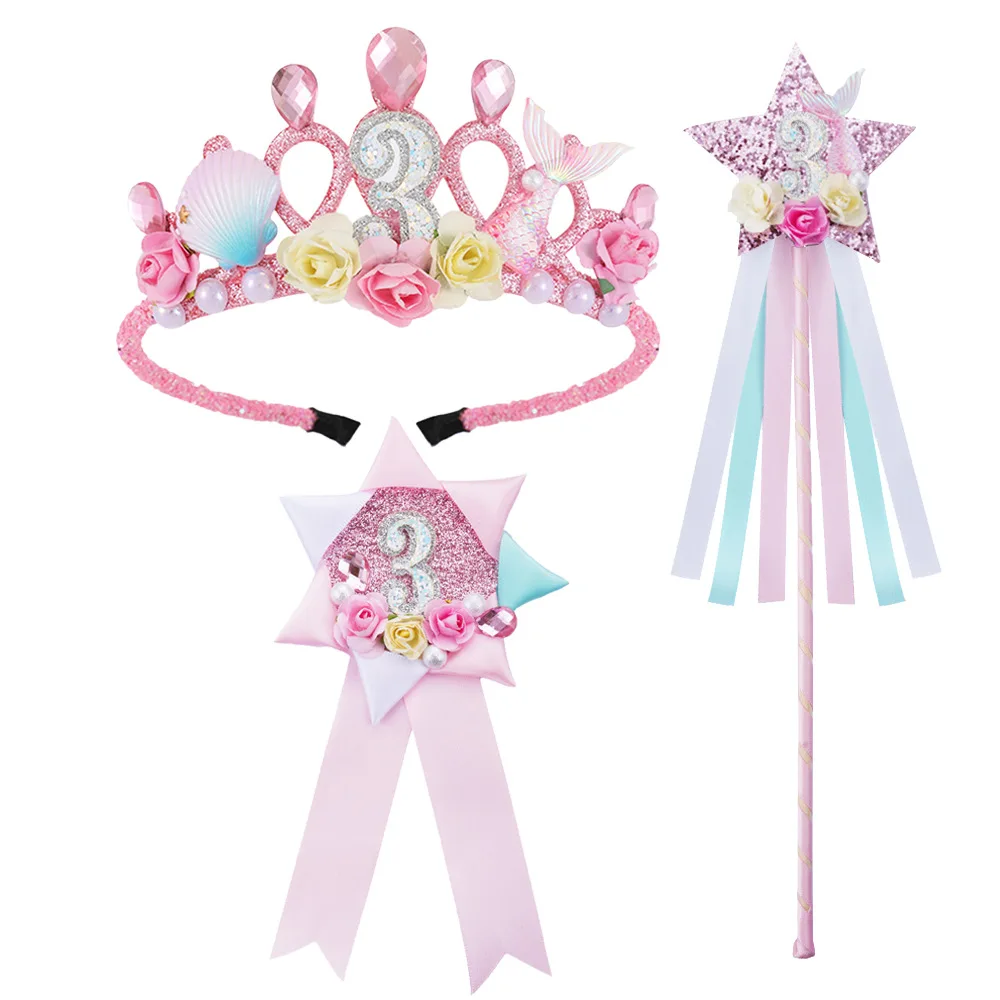 Pink Princess Tiara Accessory Set 3Pcs Magic Wand Crown Brooch Sparkly Birthday Milestone Gathering Glossy Decor Hair Ornament