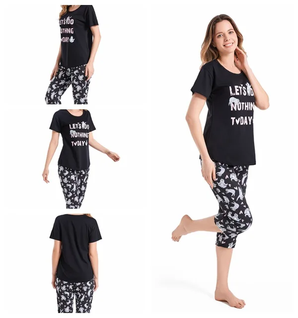 Summer Short Sleeved Capris Cartoon Cute Pajamas Cotton Home Clothes Round Neck Loungewear Thin Two Piece Set Plus Size Pijamas