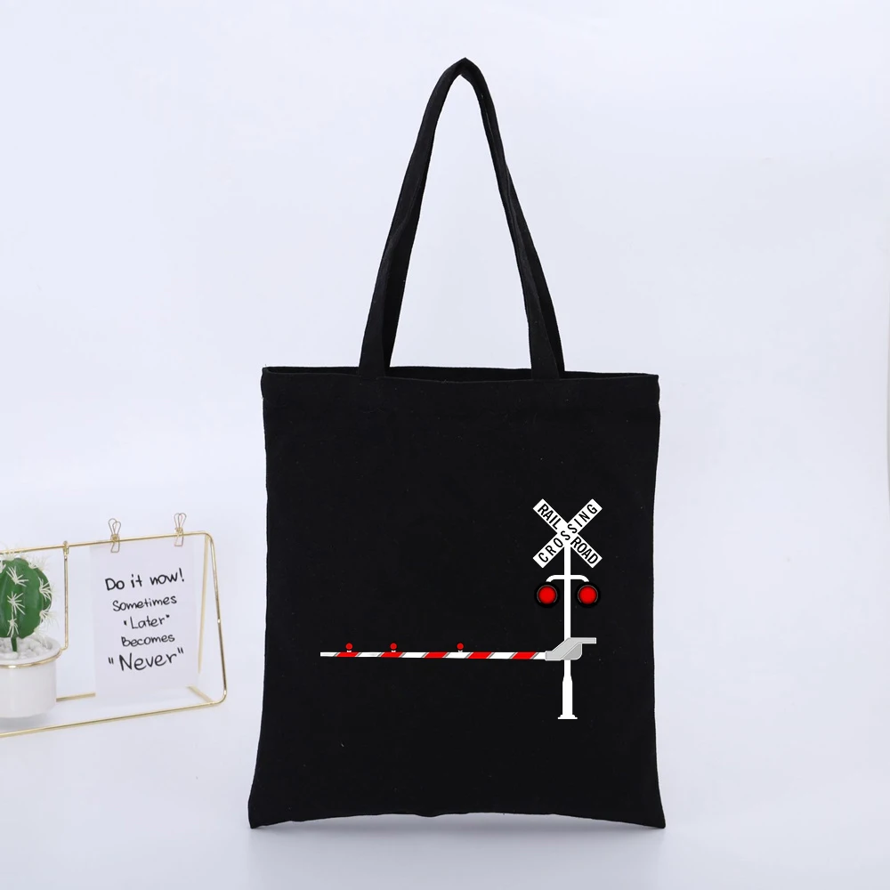 Railroad Crossing Graphic Canvas Tote Bag, Urban Style for Daily Shopping and Casual Outings