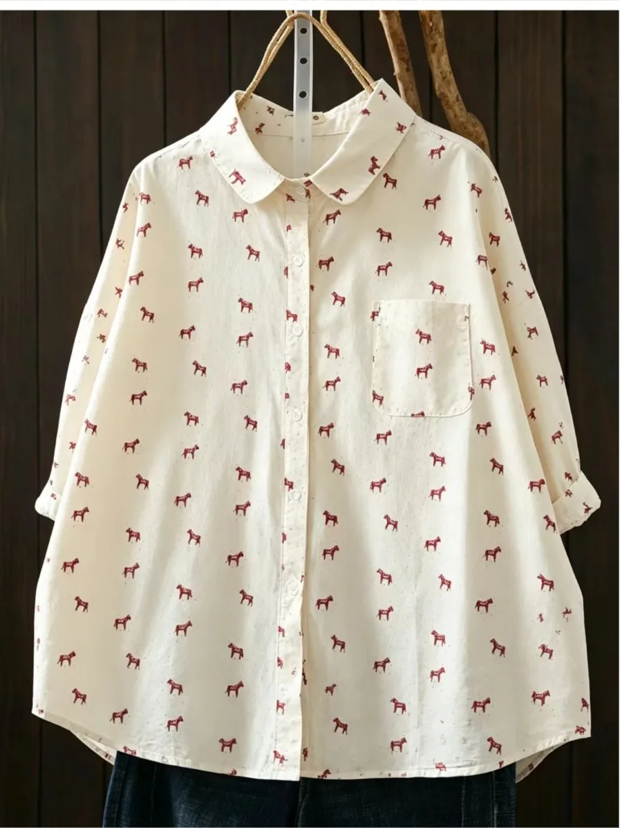 

Japanese Style Lightweight Floral Print Shirt Women's Loose Fit Cotton Blouse with Puff Sleeves And Peter Pan Collar