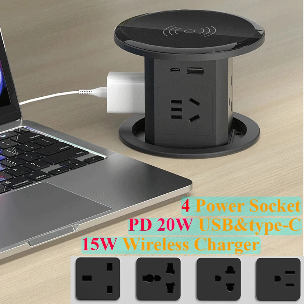 Hydraulic Damping Lifting Outlet Retractable Pop-Up Automatic Socket Wireless Fast Charging A+C Dual USB 20W Super Quick Charger