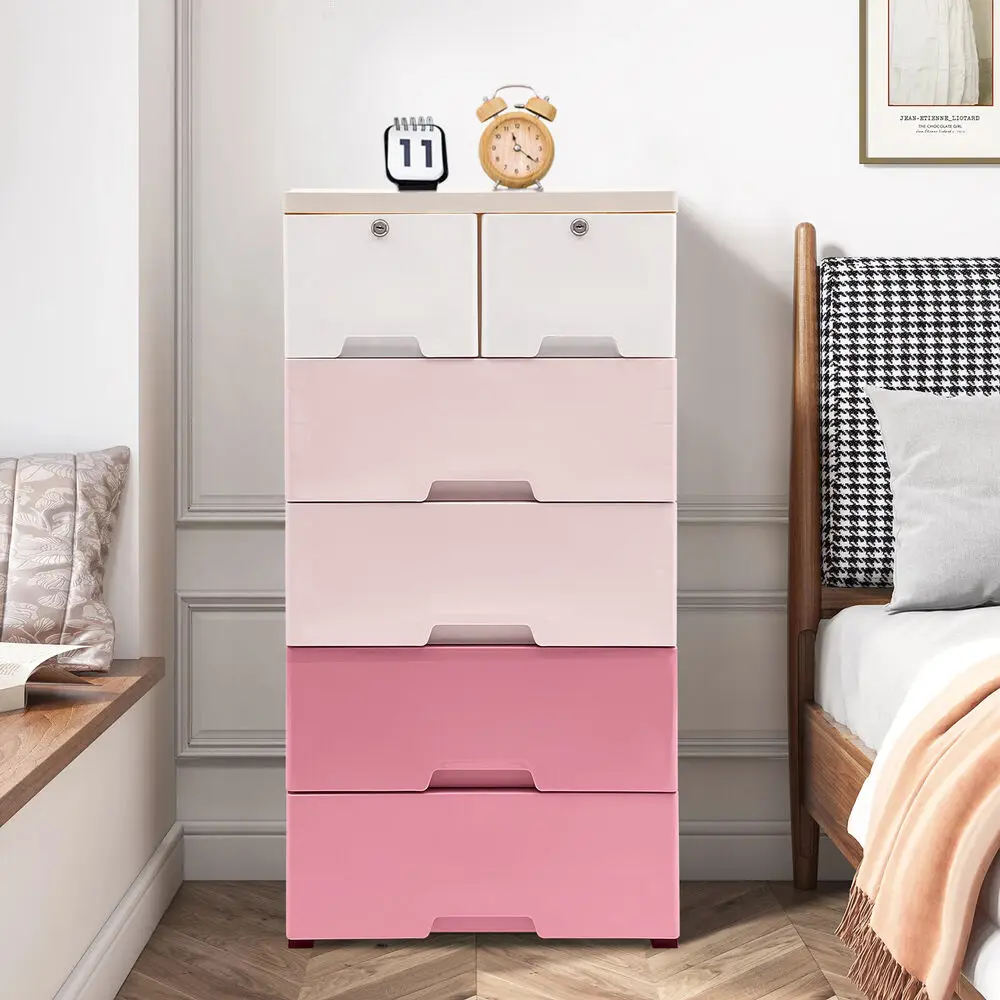 

Bedroom Floor Cabinet Free Standing Plastic Storage Organizer W/ 6 Drawers & Key Night Stand Bedroom Furniture