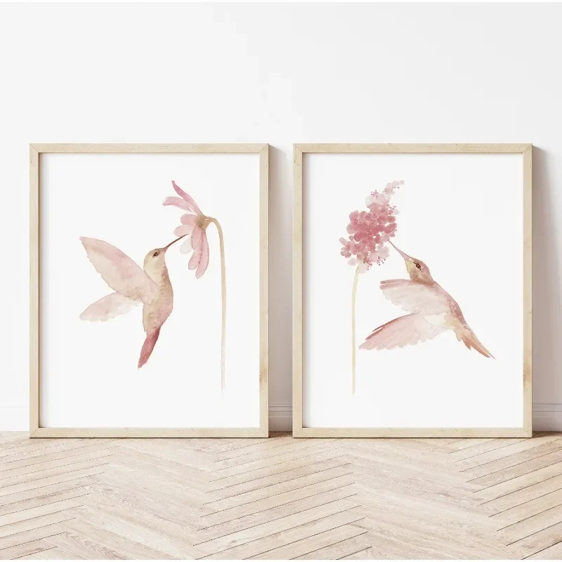 Watercolor Hummingbird Art Bird Poster Blush Pink Flower Canvas Painting Rustic Wall Art for Nursery Living Room Home Decorat