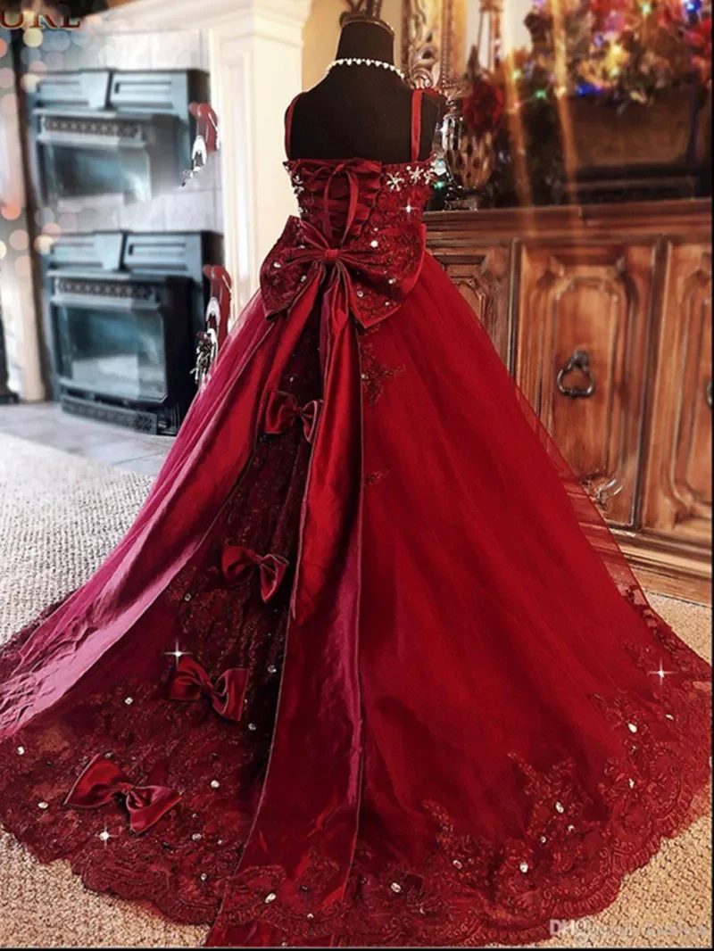 Rote Blumenmädchenkleider, Träger, Strass-Applikation, Hochzeit, Party, Tüll, Ballkleid, ärmellos, bodenlang, Prinzessin-Festzug-Kleid