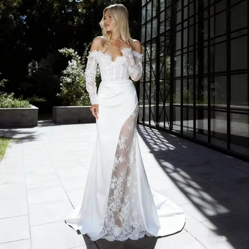 

Customized Off Shoulder Wedding Dress For Woman Bride Sweetheart Neckline Long Sleeves Satin Trumpet High Slit Bridal Gown