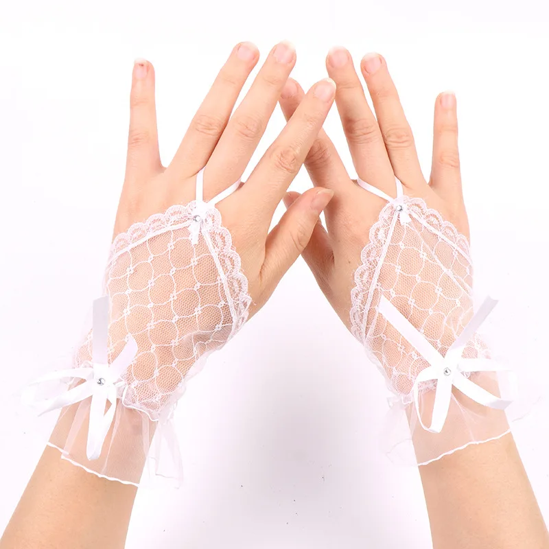 Elegant Lace Short Bridal Gloves Fingerless Wedding Gloves Accessories for Women Net-silk Bow Dancing Hand Sleeves