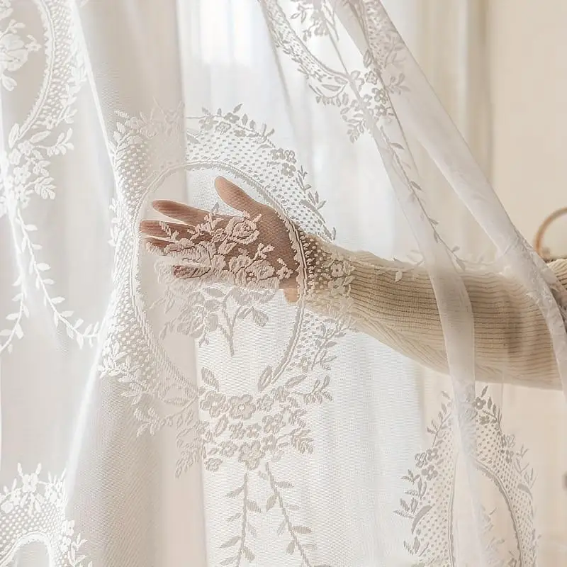 2PC Elegant Lace Mirror Flower Vintage Embroidered Sheer Curtains for Balcony Living Room Home Decor