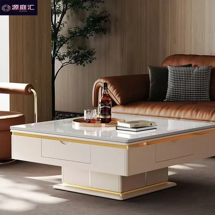 Rock slab mahjong table integrated dining table coffee table light luxury modern square multi-functional lifting dual-purpose