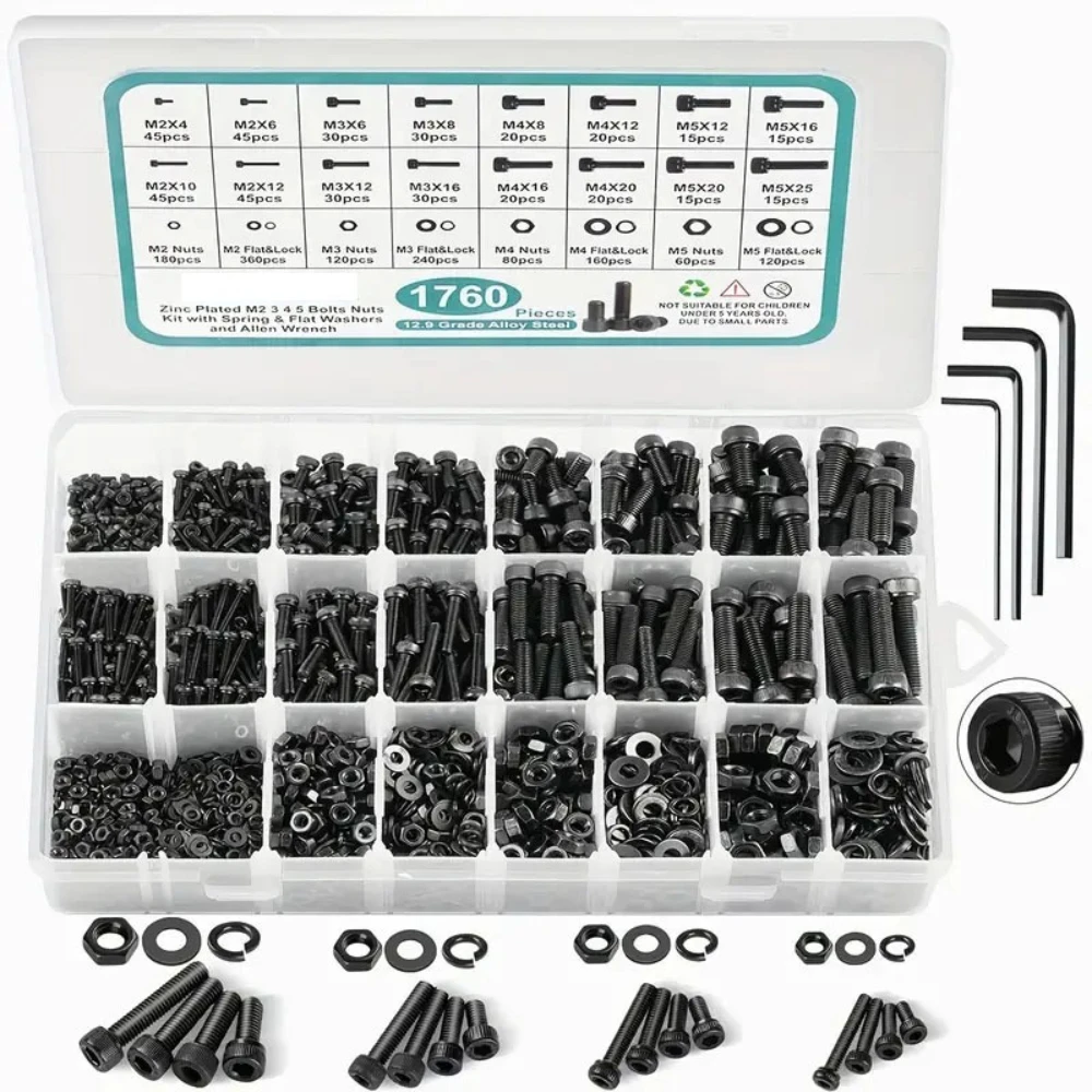 

1600pcs/set Black M2 M3 M4 M5 12.9 Steel Round Head Cup Head Hexagon Socket Screws Assortment Kit Set Nuts Screw Combination Set