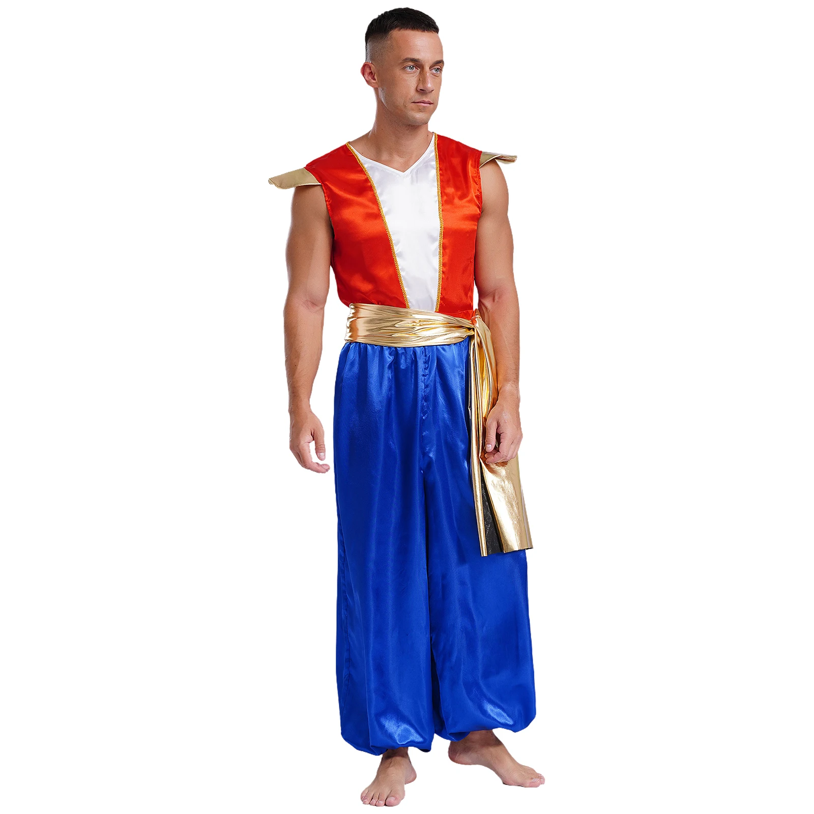 Homens deluxe traje de príncipe árabe com cinto, macacão de cetim, vestido extravagante, manga voadora, indiano, árabe Halloween Cosplay