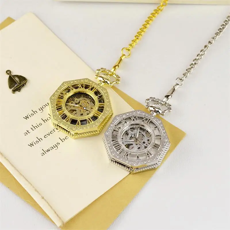 Luxury Golden Mechanical Pocket Watch for Men Women hollow Dial Roman Hexagon Case Fob Chain Pendant Clock for Collection Gift