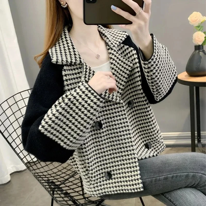 Female Short Xiaoxiangfeng Suit Coat Women Loose Fitting Houndstooth Tops Spring Autumn Lady Long Sleeves Cardigan Blazer Jacket