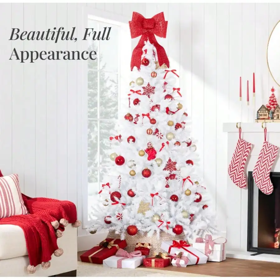 

Christmas Tree 7FT/8FT Artificial Tree With Pine Cone And Red Fruit, Foldable Metal Stand For Holiday Christmas Decoration