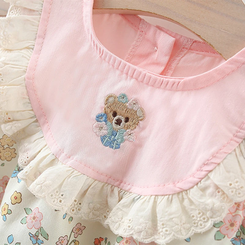 Summer Bear Flower Printed Cotton Dress For Kids Girl With Lace Collar Cartoon Princess Dress For Baby Kids