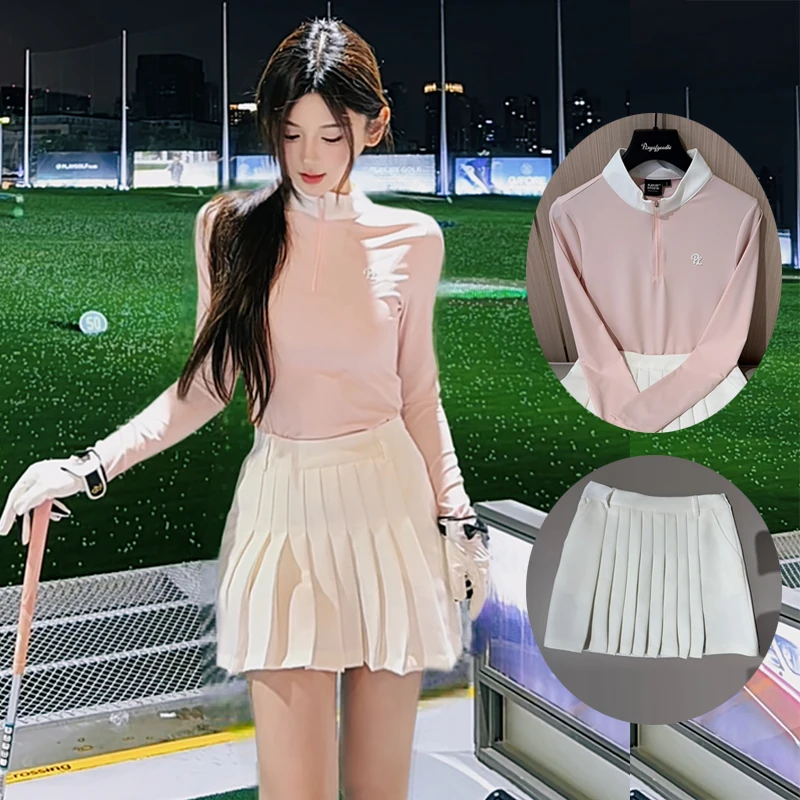 

PL Golf Women Autumn Apparel Long Sleeved Slim Shirts Zipper Collar Quick-dry Golf Tops Lady Pleated Short Skirts Leisure Skort