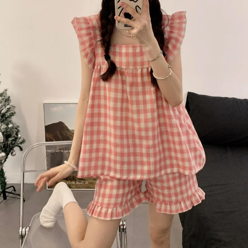 2 قطعة منقوشة الحمالات بيجامة مجموعات الصيف موضة عادية ساحة الرقبة سترة صغيرة تحلق كم ملابس المنزل النساء ملابس خاصة