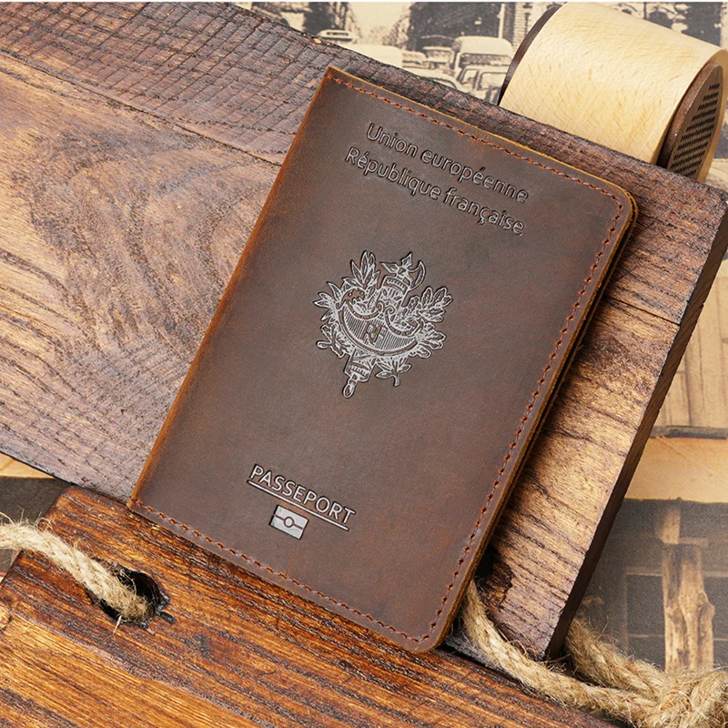 Real Leather française protege passport Cover etui passeport Crazy Horse Genuine Leather porte Passport Cover Protege Pochette