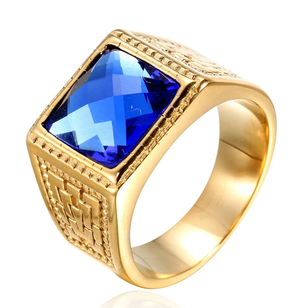 Blue Square Gemstones Masculine Titanium Stainless Steel Rings for Men Trendy Vintage Carving Gold Filled Finger Bands Accessory