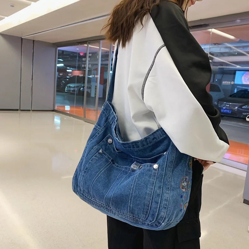 Washed Denim Tote Bags For Women Shoulder Book Bag Blue Jean Crossbody Bag Multi-pocket Big Capacity Shopper Messenger Bag purse