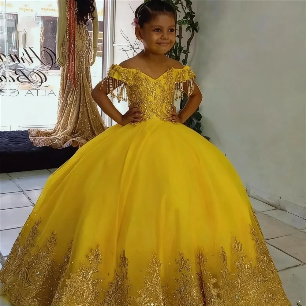 

Luxury Flower Girl Wedding Dress Appliques Lace Off Shoulder V Neck Princess Birthday Party Prom Dress Kids First Communion Gown