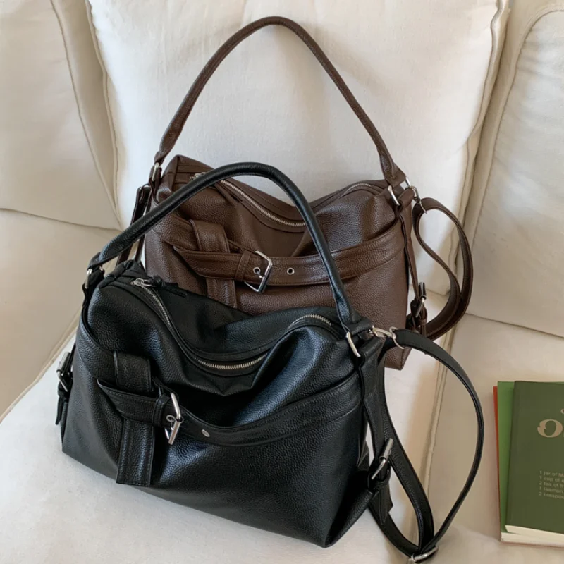 

Fashion Cool Motorcycle Simple Bag Versatile Korean Women's Shoulder Bag High-end Lychee Pattern Large-capacity Handbag Tote Bag