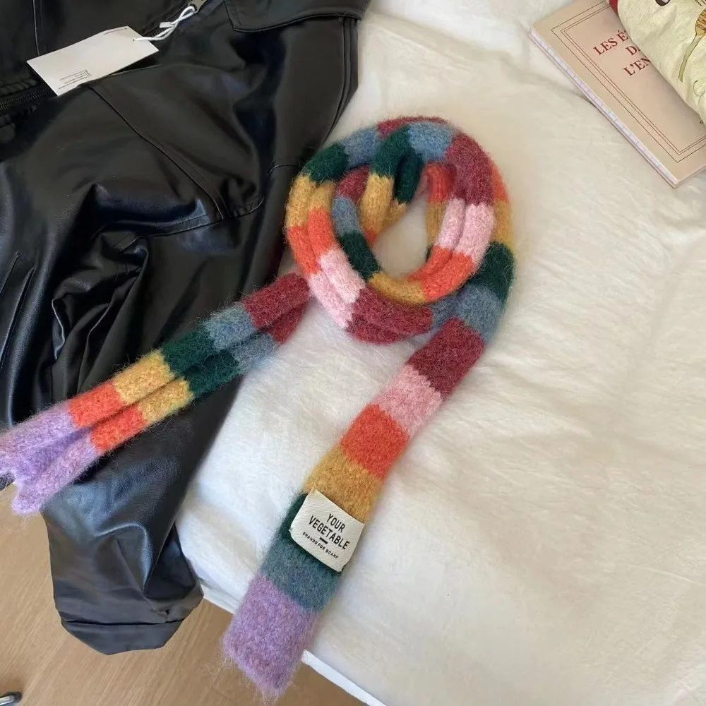 New Y2K Striped Scarf Knitted Wool With Warm Color Splicing Contrast Long Narrow Scarves Rainbow Color Scarf Winter