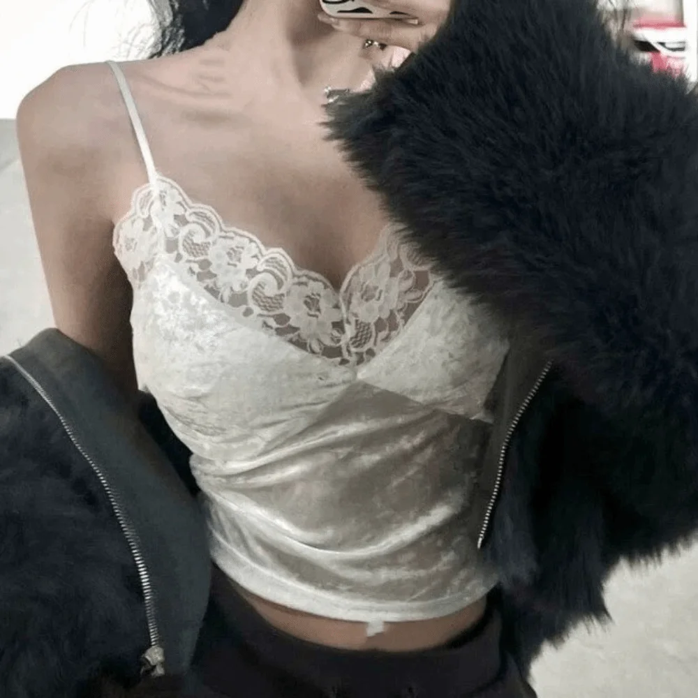 Top Corto sin Mangas con Tirantes, Estilo Y2K, con Relleno en el Pecho, Encaje de Terciopelo, Camisola, Ropa de Calle, Cálido, para Otoño y Verano