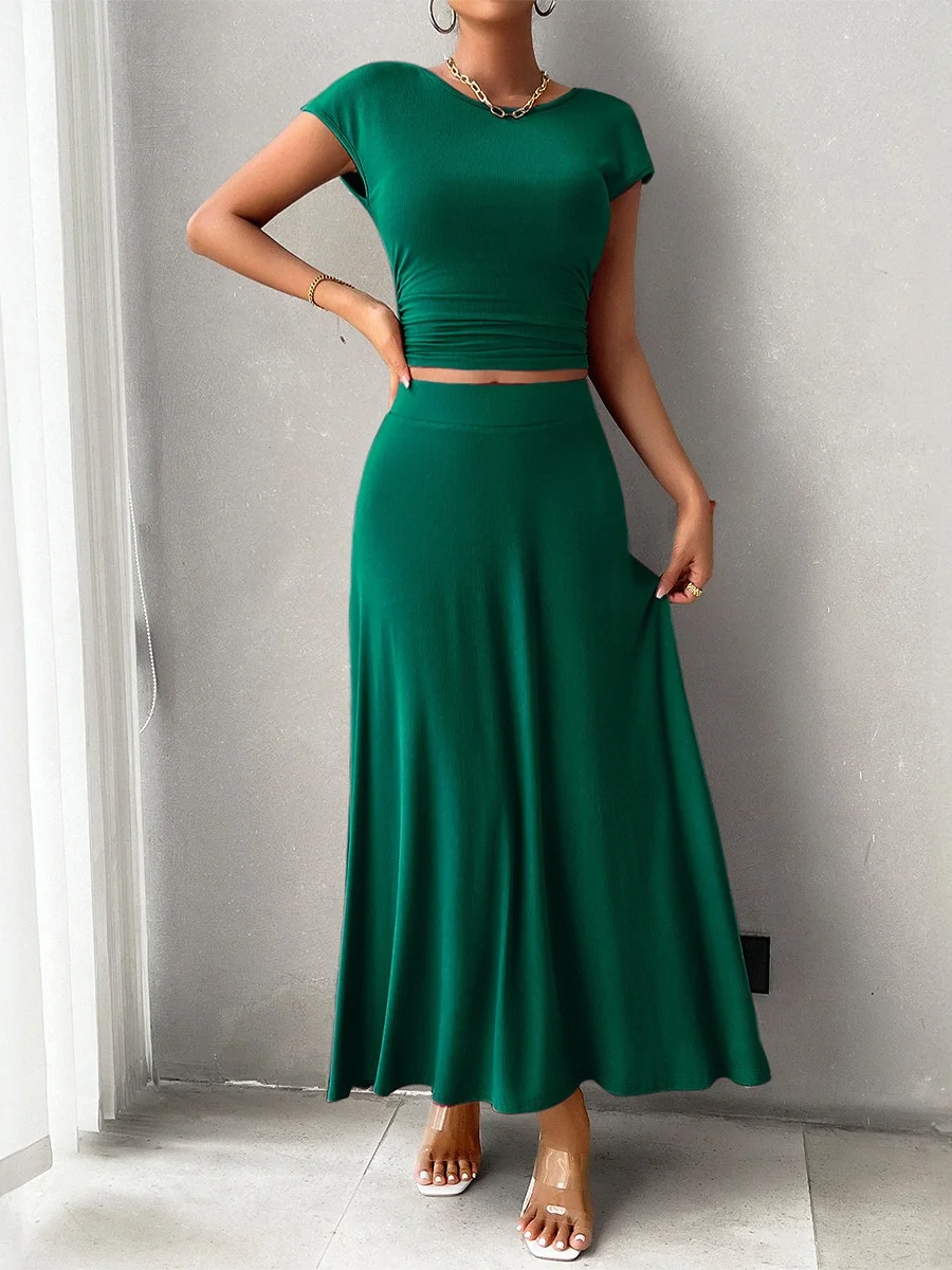 

Ele Slim Fit Color ort Sve Top And Skirt Set Faionable Two Piece Women's Clothing round Ne Pullover