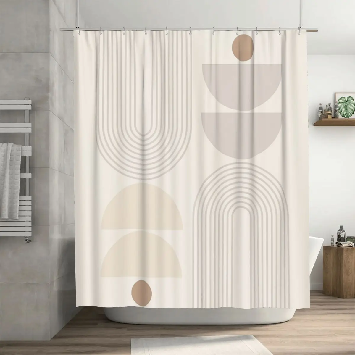 Neutral Tone Mid Century Modern Rainbow Shower Curtain Bathroom Polyester Waterproof Bath Curtains with Hooks