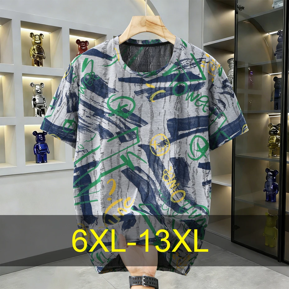 

Мужская футболка больших размеров 10XL-13XL, летняя, с коротким рукавом, модная, повседневная, с граффити и прорезями, мужская футболка большого размера 13XL
