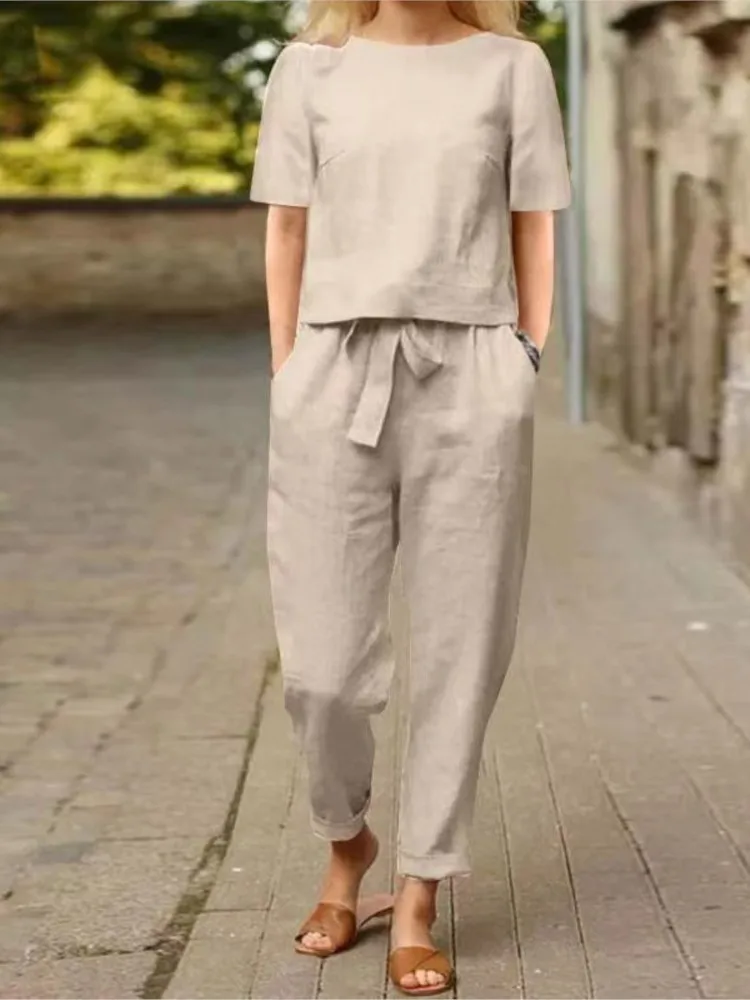 

Women's Solid Casual Set Short Sleeve O Neck Tops 2 Piece Sets Lady Fashion Lace Up Long Pants Two Piece Sets Female Summer New
