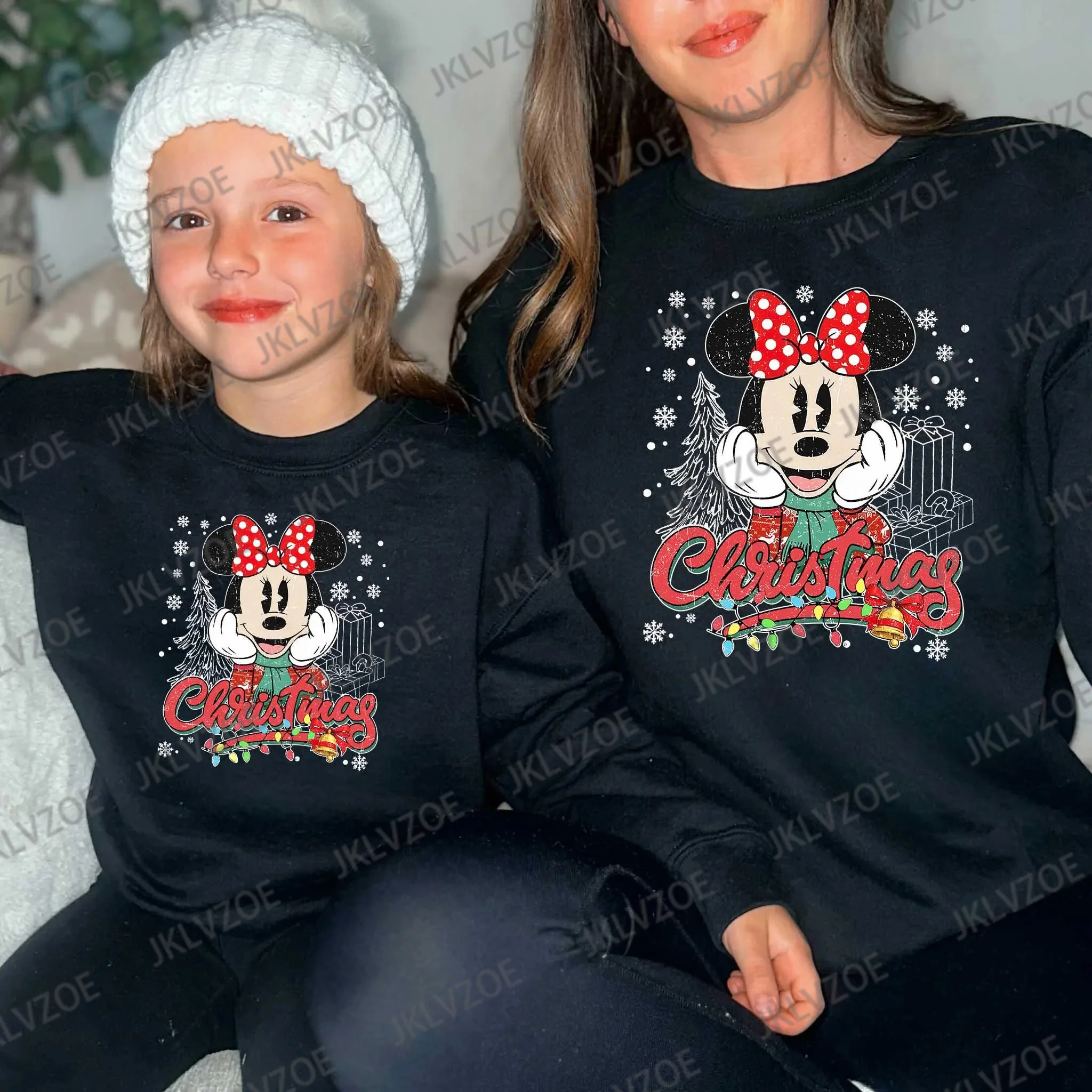 Mickey And Minnie Couple Hoodie Disney Family Christmas Sweatshirt Autumn Winter Casual Fashion Round Collar Pullover Hoodie