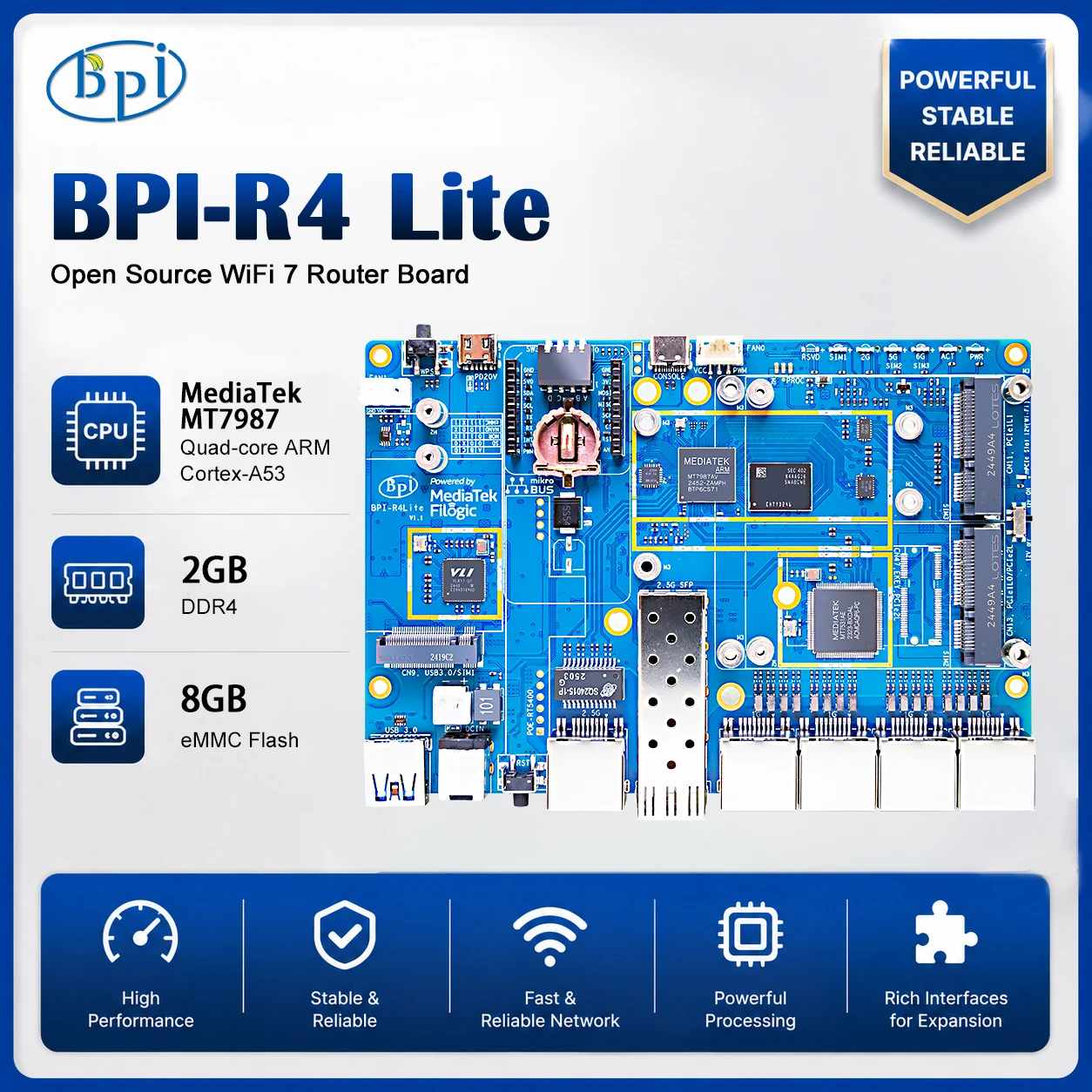 Banana Pi BPI-R4 Lite MediaTek MT7987A for Cellular networking solutions (4G/5G) with 2G DDR4 8G eMMC WIFI7 Smart RouterBoard