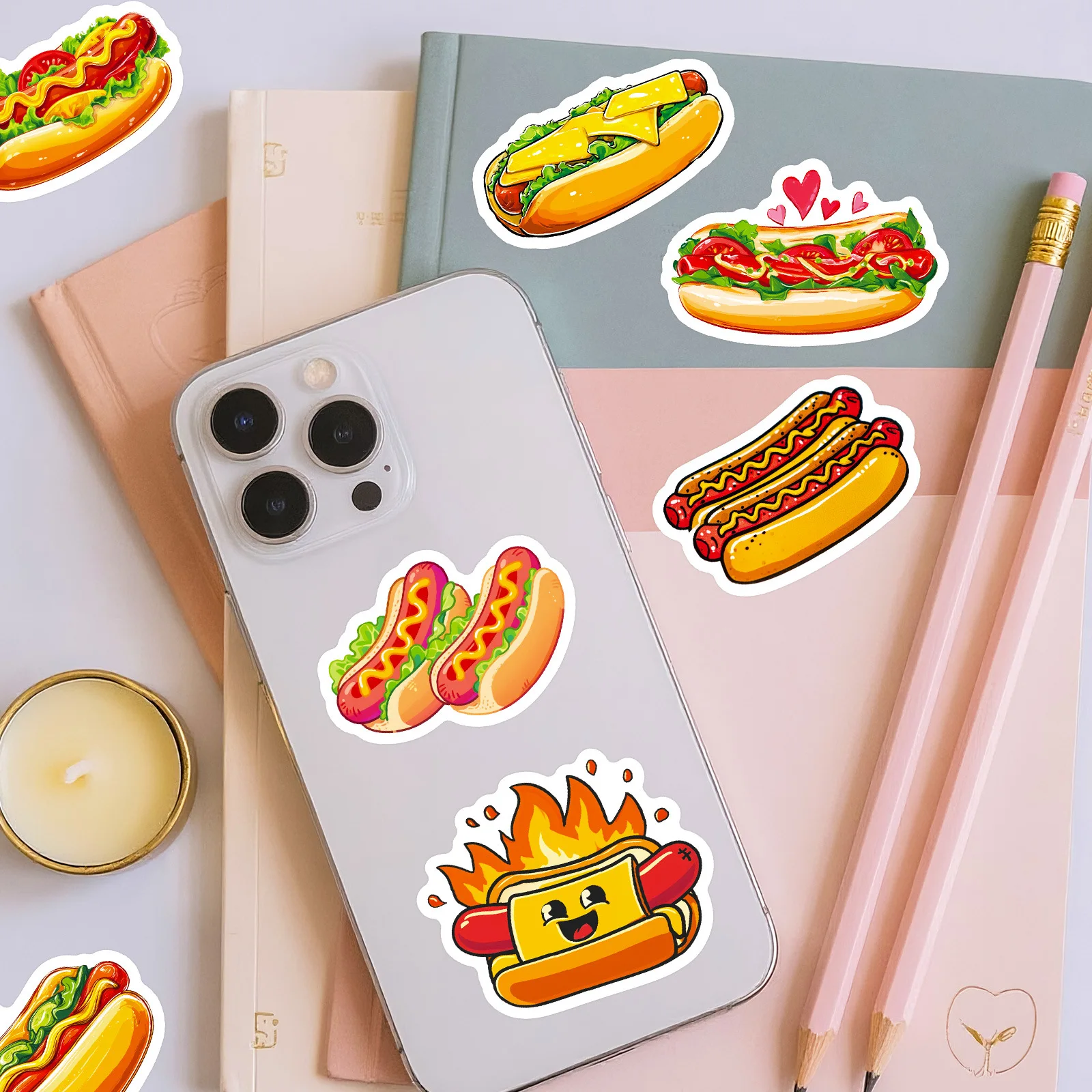 56 szt. Urocze naklejki z hot dogami, kreskówkowe naklejki z uśmiechniętym chlebem i kiełbasą, ręcznie rysowane naklejki z jedzeniem, artykuły papiernicze dla dzieci.
