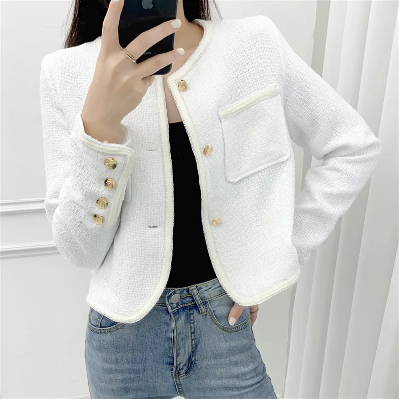 Runway New Autumn Korean Women\'s Clothes Luxury Chic Tweed Woolen Coat Retro O-Neck Long Sleeve Jacket Tops Outwear 2022 Female