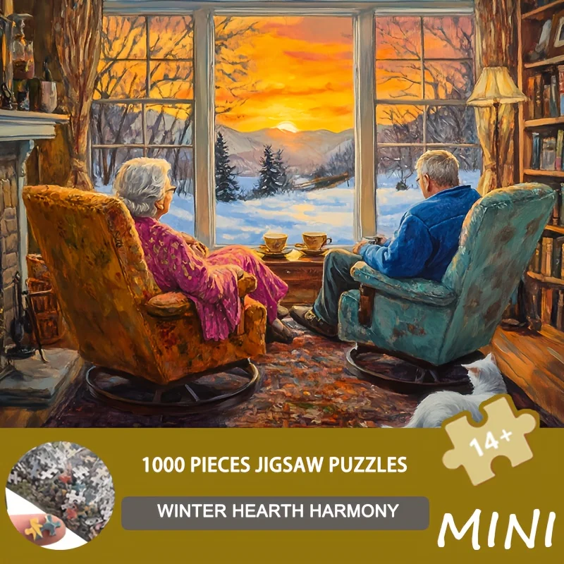 Mini puzzle da 1000 pezzi - Winter Hearth Harmony Art 38x26 cm, scena accogliente del soggiorno con coppia di anziani e gatti