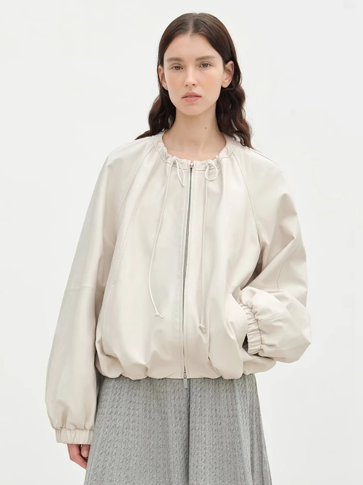 Drawstring O-neck Genuine Leather Jackets for Women Spring Autumn 2025 New High-end Solid Simple Soft Short Real Sheepskin Coat