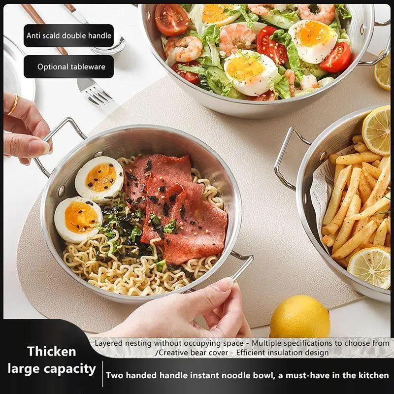201 Stainless Steel Multi-Use Salad Bowl with Double-Ear Handle Melting Boiling Pot Instant Noodle Rice Wine Korean Snack Basket