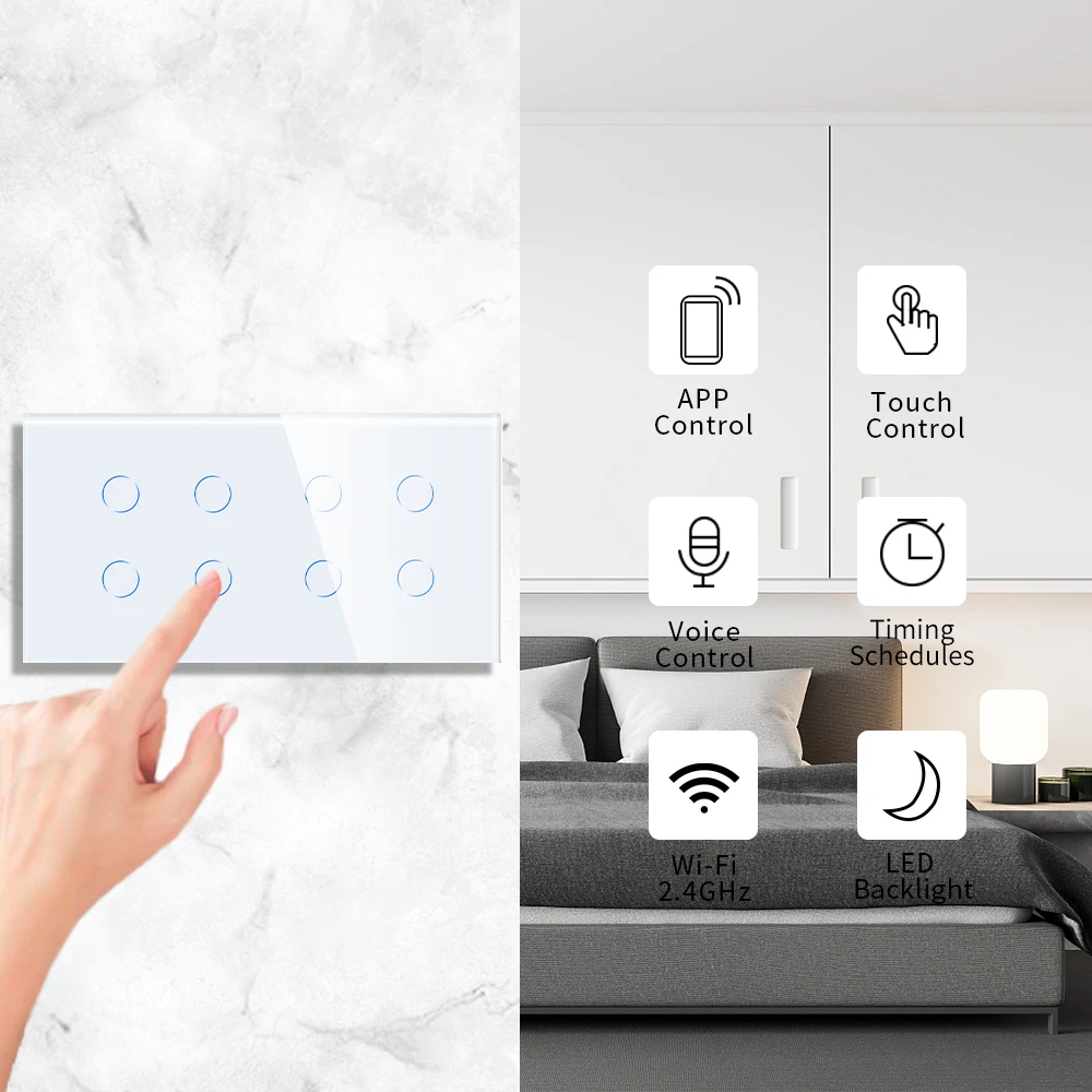 Imagem -06 - Bingoelec Inteligente Toque Interruptor Wifi Interruptor de Luz Parede Tuya App Alexa Interruptor sem Fio Neutro Gang Gang Gang Gang 6gang Way 3way Caminho