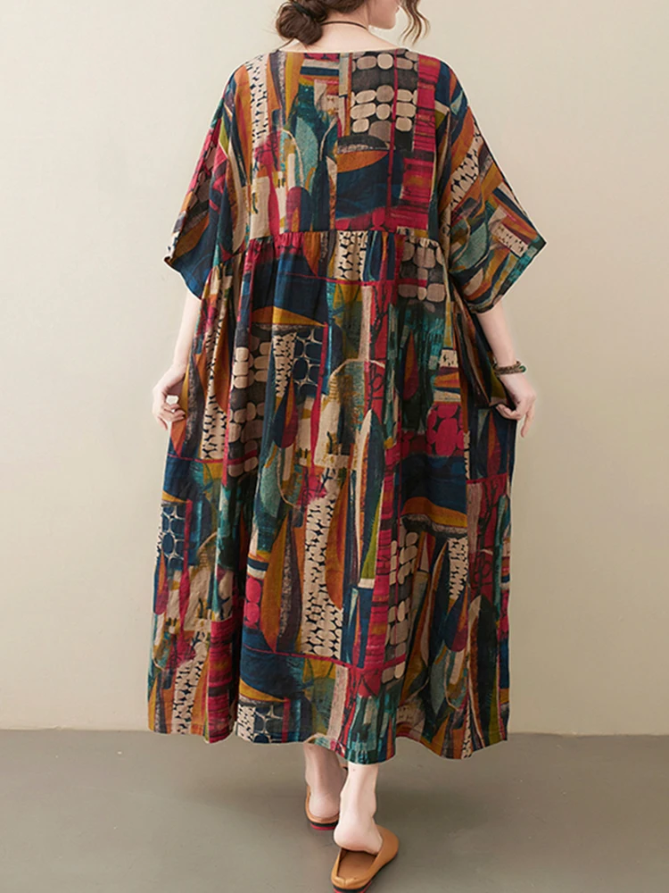 Kurzarm Baumwolle Leinen Vintage Print Sommer lange Kleider für Frauen 2024 lässig lose Urlaub Damen Kleid elegante Kleidung