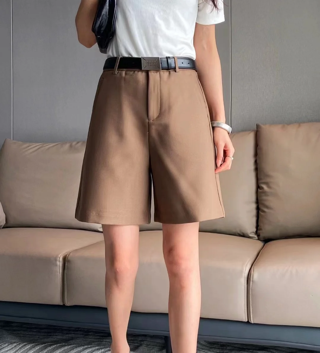 

High Waist Slimming Straight Leg Suit Pants Five-Quarter Length Wide Leg orts for Women Summer Thin Belt Included