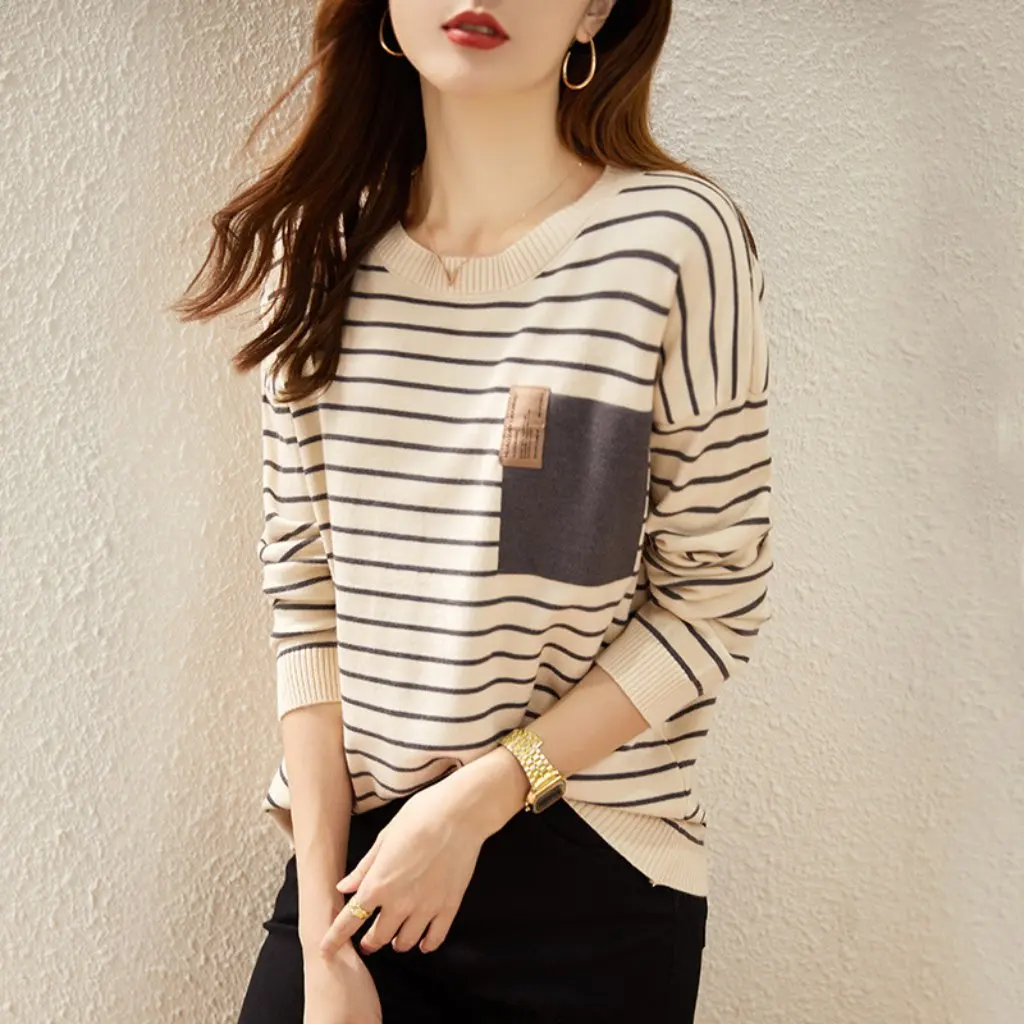 

Autumn New Women's plus Size round Neck Striped Sweater Korean Style Loose Knitted Base Shirt Versatile for Casual Wear
