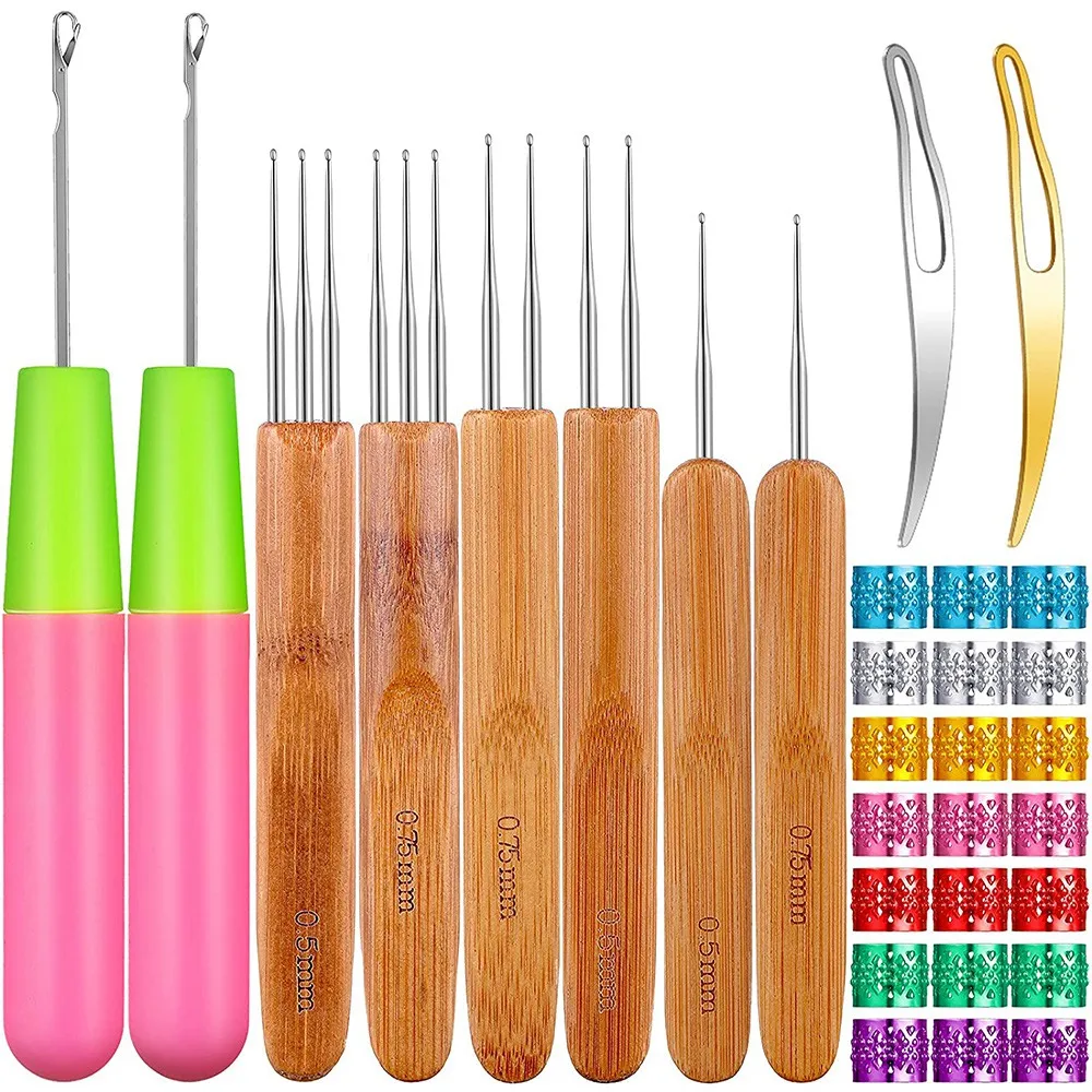 A56K 31Pc Braids Crochet Needle Locking Tool Set, Dreadlocks Needles Hair Bent Interlocking Tools with Dreadlocks Hair Ring