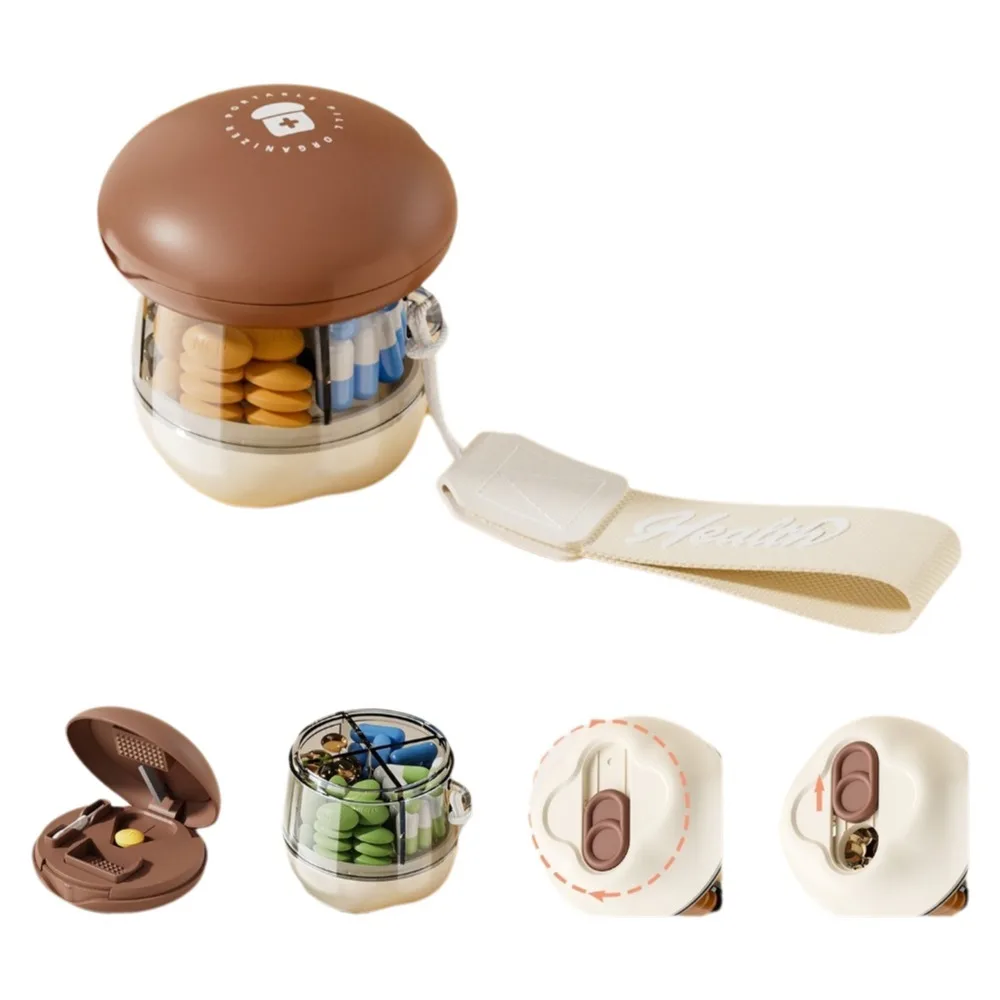 Portable Plastic 4 Grids Pill Box Sealed Dust-proof Pill Cutter Box Rotating Moisture Proof Travel Pill Container Travel